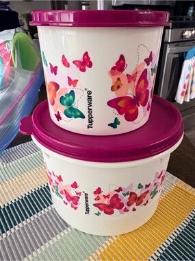 2 containers Tupperware Cream Butterfly Canister Set with Magenta Lids